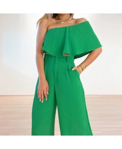 2023 Sexy Skew Collar Ruffle Tube Top+Loose Wide Legs Pants High Streetwear Suits Lady Solid Backless Women Two Piece Set $61...