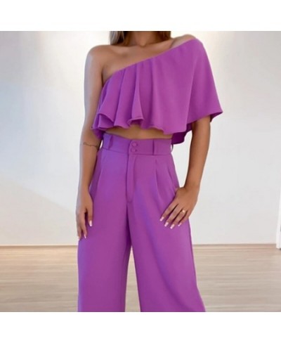 2023 Sexy Skew Collar Ruffle Tube Top+Loose Wide Legs Pants High Streetwear Suits Lady Solid Backless Women Two Piece Set $61...