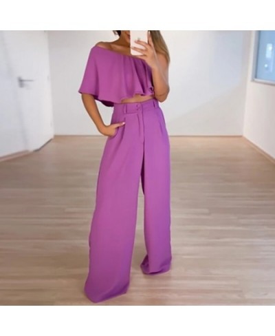 2023 Sexy Skew Collar Ruffle Tube Top+Loose Wide Legs Pants High Streetwear Suits Lady Solid Backless Women Two Piece Set $61...