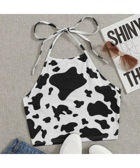 Ladies Summer Tops Milk Cow Print Black White Cute Crop Top Camis Kawaii Sleeveless Halter Neck Top Cami Streetwear Y2k Egirl...