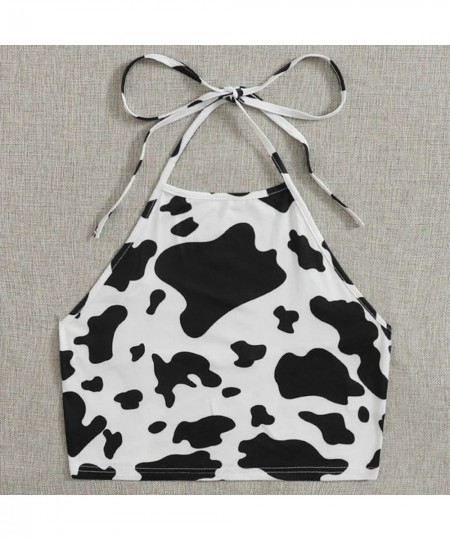 Ladies Summer Tops Milk Cow Print Black White Cute Crop Top Camis Kawaii Sleeveless Halter Neck Top Cami Streetwear Y2k Egirl...