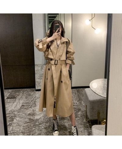 Korean Style Quality Turn Down Collar V Neck Double Breasted Belt Long Windbreaker Trenchcoat Casual Loose Oversize Trench Co...