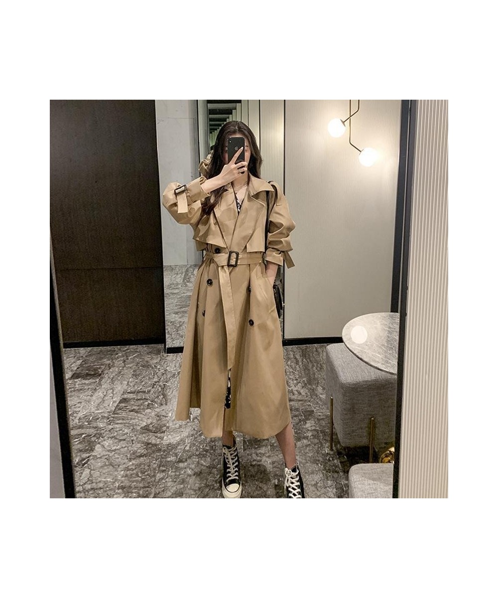 Korean Style Quality Turn Down Collar V Neck Double Breasted Belt Long Windbreaker Trenchcoat Casual Loose Oversize Trench Co...