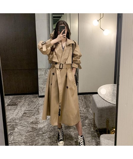 Korean Style Quality Turn Down Collar V Neck Double Breasted Belt Long Windbreaker Trenchcoat Casual Loose Oversize Trench Co...