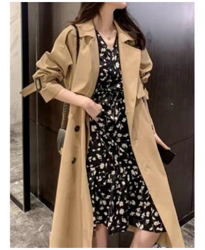 Korean Style Quality Turn Down Collar V Neck Double Breasted Belt Long Windbreaker Trenchcoat Casual Loose Oversize Trench Co...