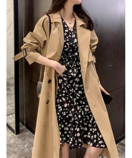 Korean Style Quality Turn Down Collar V Neck Double Breasted Belt Long Windbreaker Trenchcoat Casual Loose Oversize Trench Co...