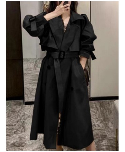 Korean Style Quality Turn Down Collar V Neck Double Breasted Belt Long Windbreaker Trenchcoat Casual Loose Oversize Trench Co...