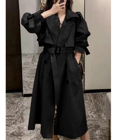 Korean Style Quality Turn Down Collar V Neck Double Breasted Belt Long Windbreaker Trenchcoat Casual Loose Oversize Trench Co...