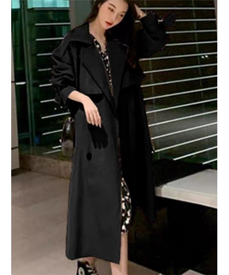 Korean Style Quality Turn Down Collar V Neck Double Breasted Belt Long Windbreaker Trenchcoat Casual Loose Oversize Trench Co...