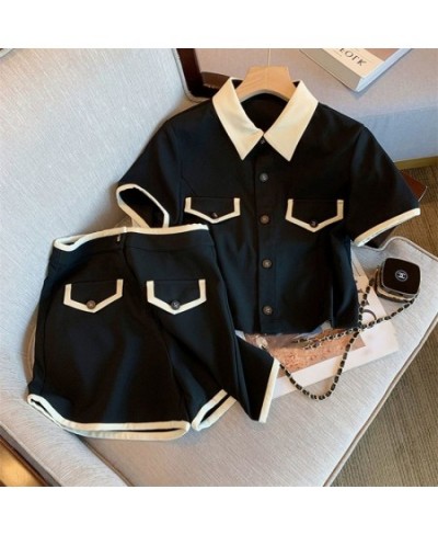 Women Black Shorts Sets Short Sleeve Turn-down Collar Shirts Hight Waist Shorts High Street Harajuku Solid Hot Casual Outfits...