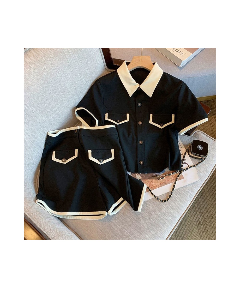 Women Black Shorts Sets Short Sleeve Turn-down Collar Shirts Hight Waist Shorts High Street Harajuku Solid Hot Casual Outfits...