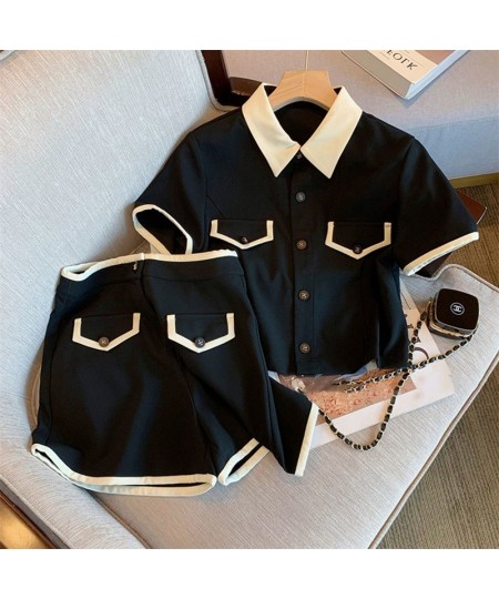 Women Black Shorts Sets Short Sleeve Turn-down Collar Shirts Hight Waist Shorts High Street Harajuku Solid Hot Casual Outfits...