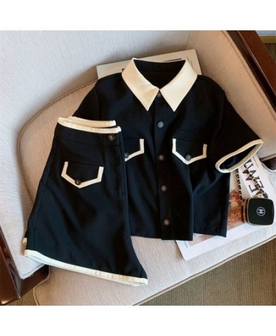 Women Black Shorts Sets Short Sleeve Turn-down Collar Shirts Hight Waist Shorts High Street Harajuku Solid Hot Casual Outfits...