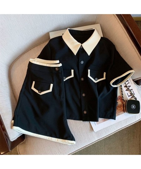 Women Black Shorts Sets Short Sleeve Turn-down Collar Shirts Hight Waist Shorts High Street Harajuku Solid Hot Casual Outfits...