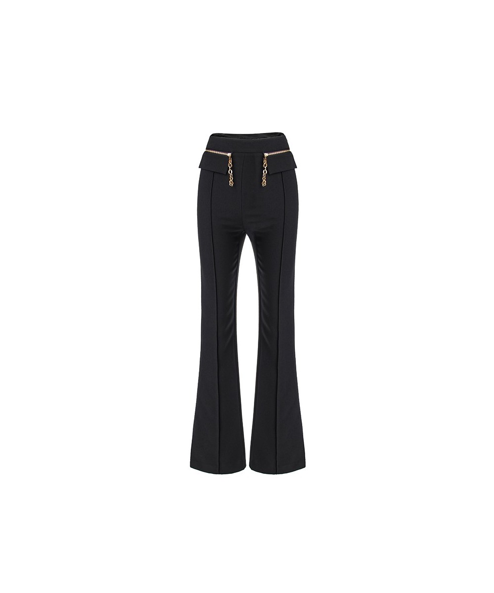 Womnen Black Wide Leg Pants High Waist Chain Zipper Full Length Quality Trousers $75.10 - Bottoms