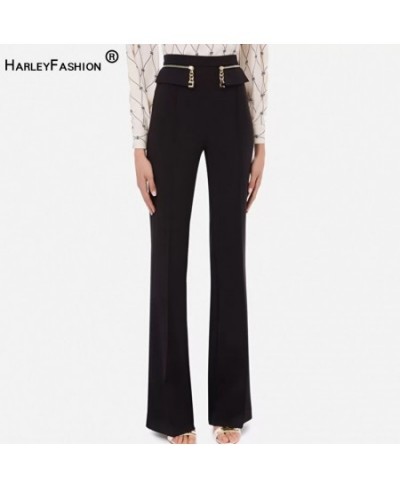 Womnen Black Wide Leg Pants High Waist Chain Zipper Full Length Quality Trousers $75.10 - Bottoms