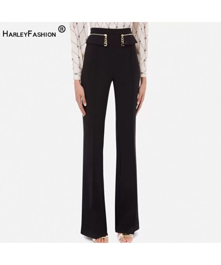 Womnen Black Wide Leg Pants High Waist Chain Zipper Full Length Quality Trousers $75.10 - Bottoms