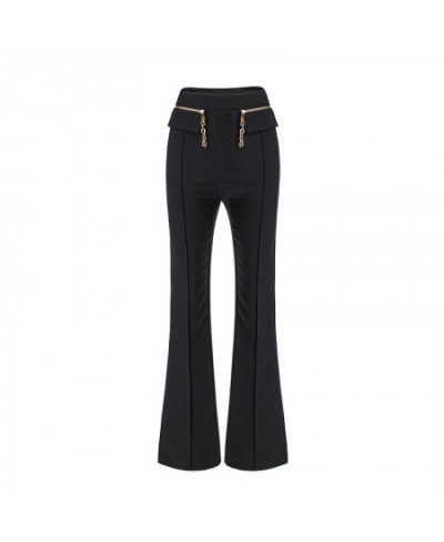 Womnen Black Wide Leg Pants High Waist Chain Zipper Full Length Quality Trousers $75.10 - Bottoms