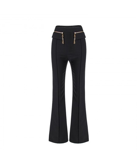 Womnen Black Wide Leg Pants High Waist Chain Zipper Full Length Quality Trousers $75.10 - Bottoms