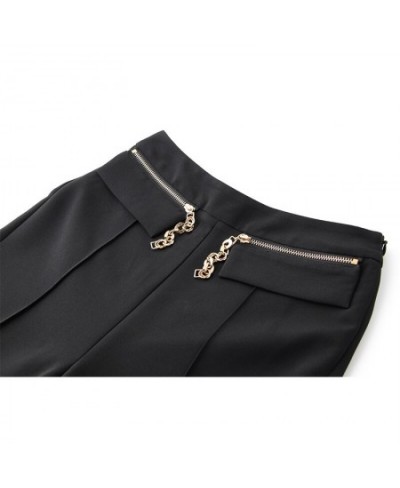 Womnen Black Wide Leg Pants High Waist Chain Zipper Full Length Quality Trousers $75.10 - Bottoms