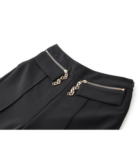 Womnen Black Wide Leg Pants High Waist Chain Zipper Full Length Quality Trousers $75.10 - Bottoms