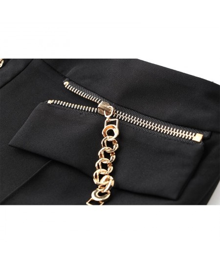 Womnen Black Wide Leg Pants High Waist Chain Zipper Full Length Quality Trousers $75.10 - Bottoms