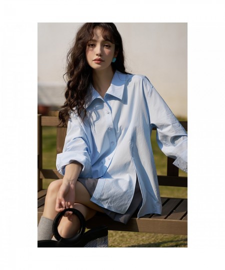 Women's Blue Casual Shirt 2023 SpringGrey Knitted Shawl Turn-down Collar LooseTops Female Temperament Shirts MXC14C0015 $41.4...