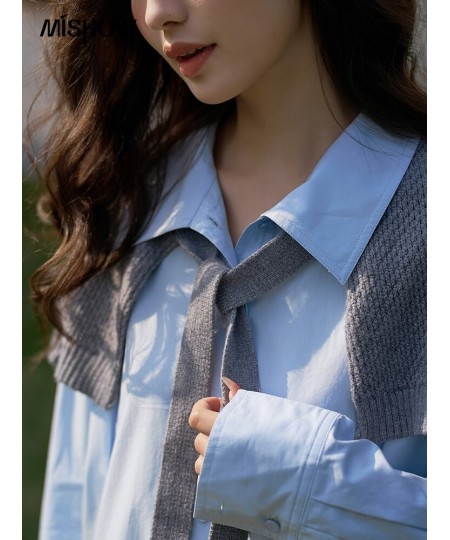 Women's Blue Casual Shirt 2023 SpringGrey Knitted Shawl Turn-down Collar LooseTops Female Temperament Shirts MXC14C0015 $41.4...