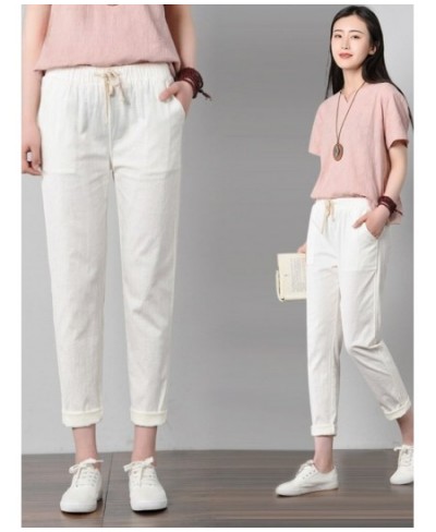 2023 New Plus Size Women Cotton Linen Pants Summer Elastic Waist Loose Casual White Harem Womens Pants Women's Pocket Trouser...