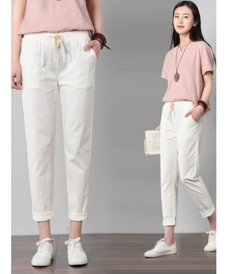 2023 New Plus Size Women Cotton Linen Pants Summer Elastic Waist Loose Casual White Harem Womens Pants Women's Pocket Trouser...