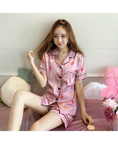 Short Sleeve Silk Pajamas Set Cute Flowers Print Sleepwear 2022 Summer Saft 4XL 5XL Spring Women Nightwear Casual Home Clothe...