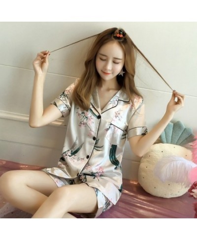 Short Sleeve Silk Pajamas Set Cute Flowers Print Sleepwear 2022 Summer Saft 4XL 5XL Spring Women Nightwear Casual Home Clothe...