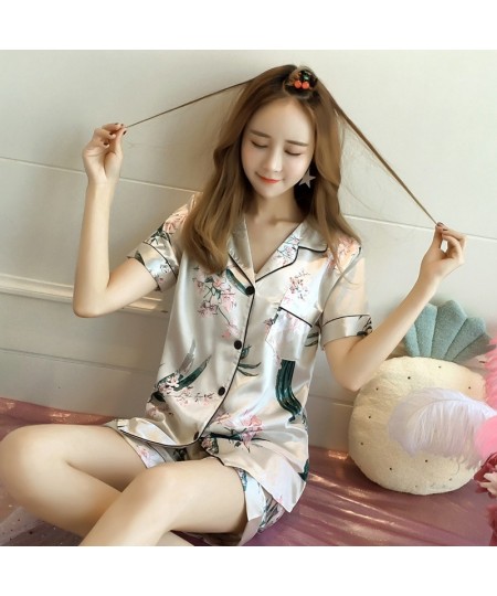 Short Sleeve Silk Pajamas Set Cute Flowers Print Sleepwear 2022 Summer Saft 4XL 5XL Spring Women Nightwear Casual Home Clothe...