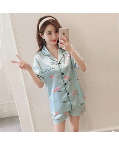 Short Sleeve Silk Pajamas Set Cute Flowers Print Sleepwear 2022 Summer Saft 4XL 5XL Spring Women Nightwear Casual Home Clothe...