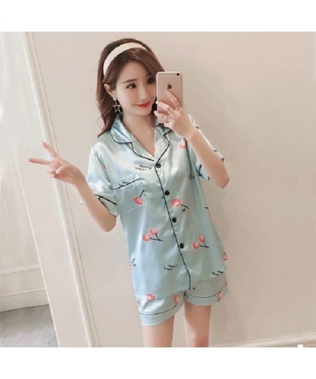 Short Sleeve Silk Pajamas Set Cute Flowers Print Sleepwear 2022 Summer Saft 4XL 5XL Spring Women Nightwear Casual Home Clothe...