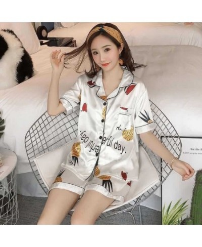 Short Sleeve Silk Pajamas Set Cute Flowers Print Sleepwear 2022 Summer Saft 4XL 5XL Spring Women Nightwear Casual Home Clothe...