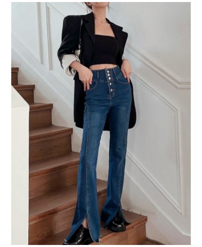 Women Spring Solid Flare Pants 2023 Skinny Vintage Harajuku Split Jeans High Waist Full Length Button Stretch Jean Pants 0022...