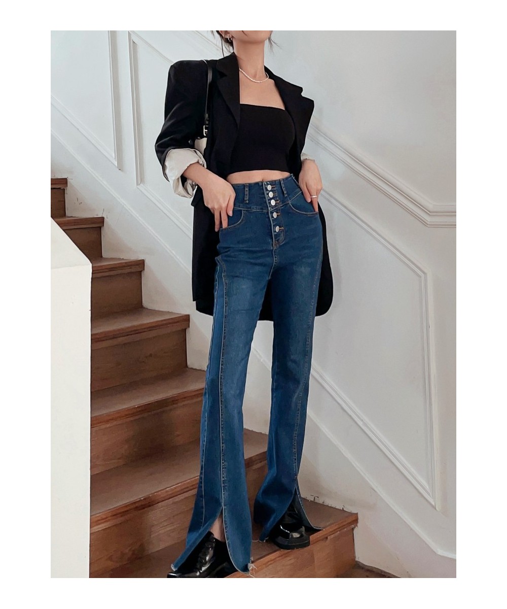 Women Spring Solid Flare Pants 2023 Skinny Vintage Harajuku Split Jeans High Waist Full Length Button Stretch Jean Pants 0022...