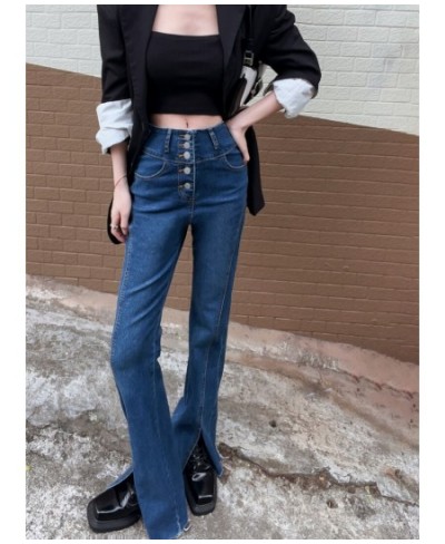 Women Spring Solid Flare Pants 2023 Skinny Vintage Harajuku Split Jeans High Waist Full Length Button Stretch Jean Pants 0022...