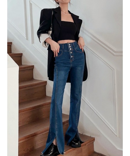 Women Spring Solid Flare Pants 2023 Skinny Vintage Harajuku Split Jeans High Waist Full Length Button Stretch Jean Pants 0022...