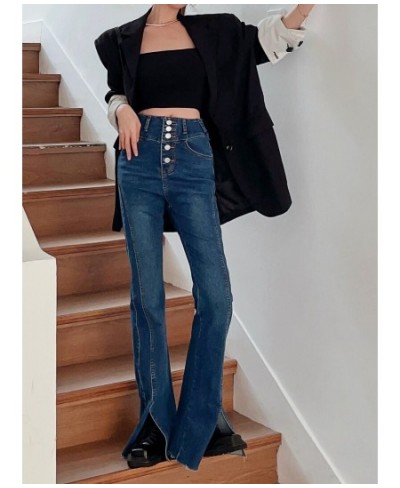 Women Spring Solid Flare Pants 2023 Skinny Vintage Harajuku Split Jeans High Waist Full Length Button Stretch Jean Pants 0022...