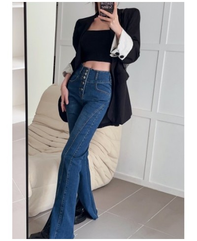 Women Spring Solid Flare Pants 2023 Skinny Vintage Harajuku Split Jeans High Waist Full Length Button Stretch Jean Pants 0022...