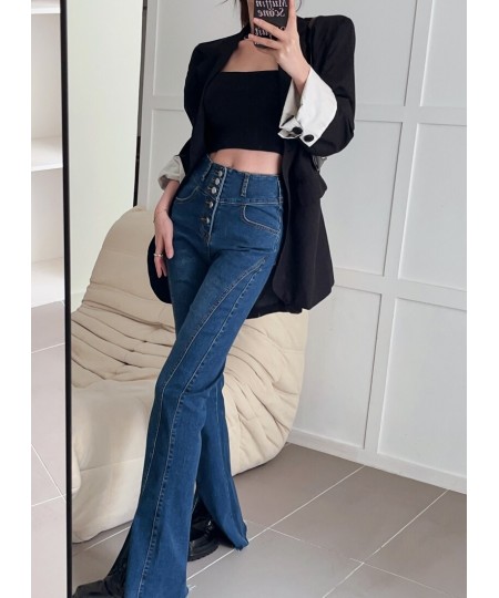 Women Spring Solid Flare Pants 2023 Skinny Vintage Harajuku Split Jeans High Waist Full Length Button Stretch Jean Pants 0022...