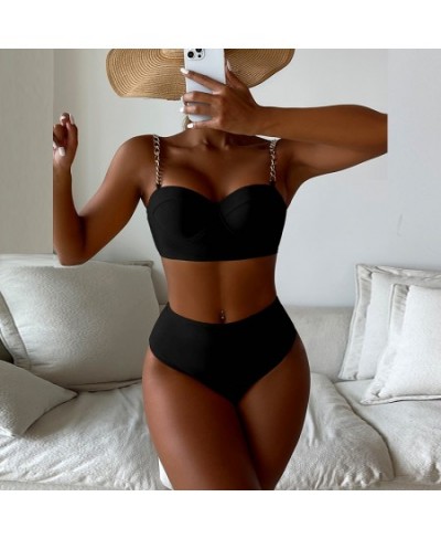 Sexy Women Chain Sling Solid Color Swimwear 2023 High Waist Patchwork Bikini Set Two Piece Underwire Push Up Beach Bathing Su...