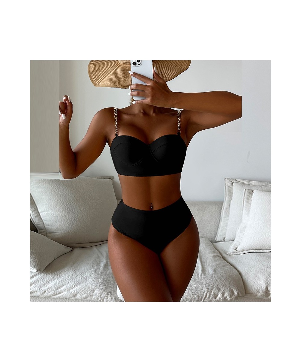 Sexy Women Chain Sling Solid Color Swimwear 2023 High Waist Patchwork Bikini Set Two Piece Underwire Push Up Beach Bathing Su...