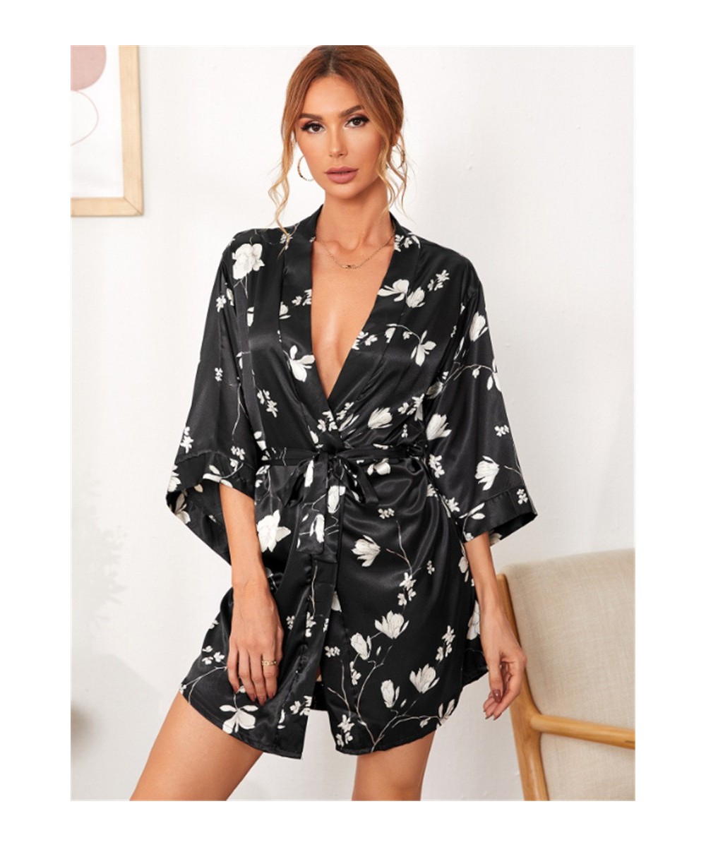 Printed Black Nightgown With Belt Loose Short Lingerie For Women V-neck Loungewear Ice Silk Women's Robe Plus Size Bathrobe $...