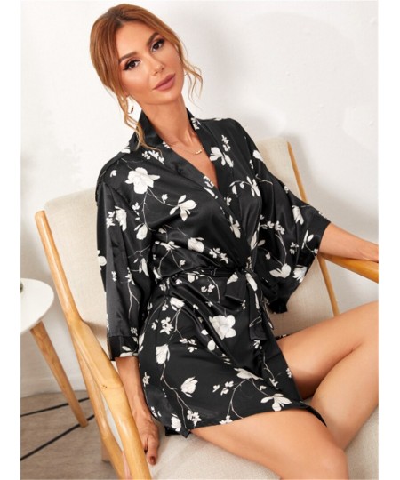 Printed Black Nightgown With Belt Loose Short Lingerie For Women V-neck Loungewear Ice Silk Women's Robe Plus Size Bathrobe $...