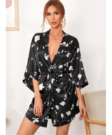 Printed Black Nightgown With Belt Loose Short Lingerie For Women V-neck Loungewear Ice Silk Women's Robe Plus Size Bathrobe $...