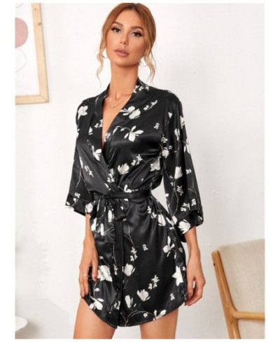 Printed Black Nightgown With Belt Loose Short Lingerie For Women V-neck Loungewear Ice Silk Women's Robe Plus Size Bathrobe $...