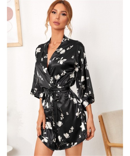 Printed Black Nightgown With Belt Loose Short Lingerie For Women V-neck Loungewear Ice Silk Women's Robe Plus Size Bathrobe $...